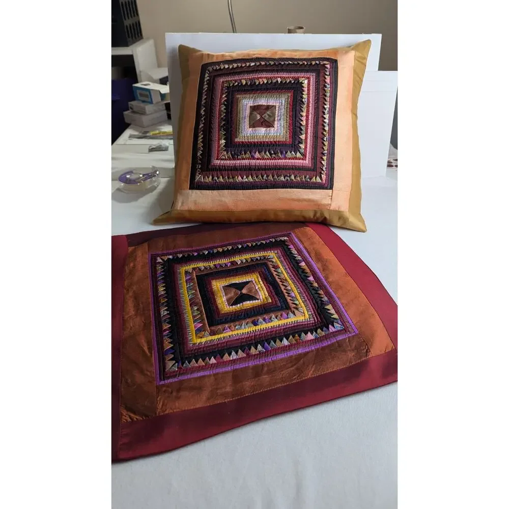 Pair of Handmade Prairie Point Quilted Pillow Covers - Boho Silk-Style Textural